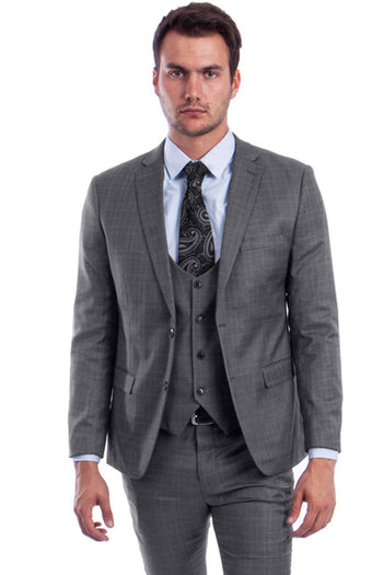 Traje ajustado de dos botones con chaleco de corte bajo para hombre en cuadros grises