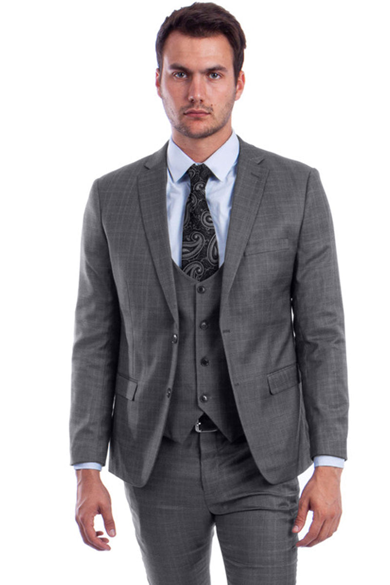 Traje ajustado de dos botones con chaleco de corte bajo para hombre en cuadros grises