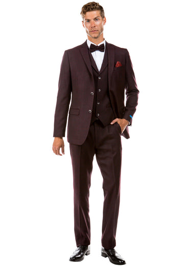 Traje de boda de tweed estilo vintage con dos botones y chaleco para hombre en color burdeos