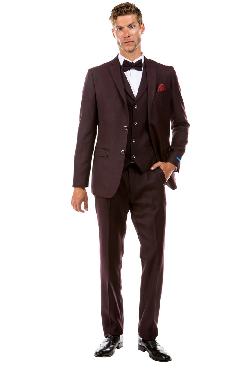 Traje de boda de tweed estilo vintage con dos botones y chaleco para hombre en color burdeos