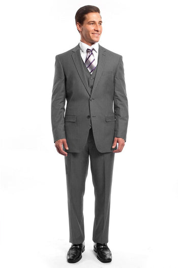 Traje de negocios con chaleco de dos botones para hombre en raya diplomática gris claro