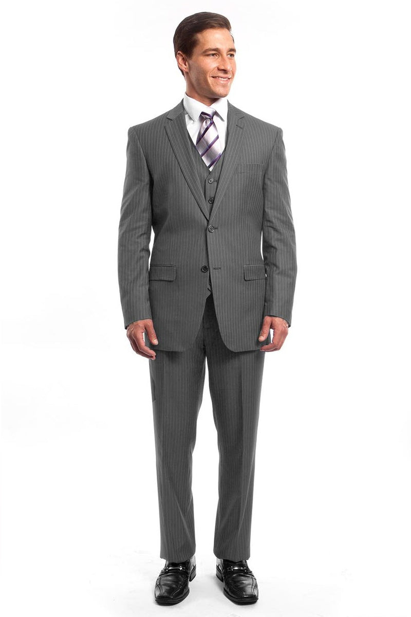 Traje de negocios con chaleco de dos botones para hombre en raya diplomática gris claro