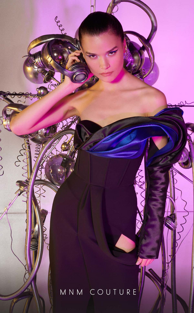 MNM Couture E0042 Blue/Black One-Shoulder Sculpted Sleeve Gown