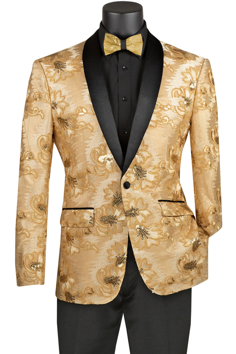 Chaqueta de esmoquin para graduación, ajustada, con lentejuelas y flores brillantes, para hombre, en color champán
