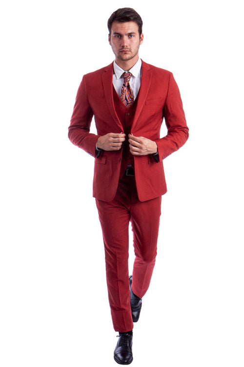 Traje básico liso de dos botones para hombre, corte entallado, con chaleco, color ladrillo