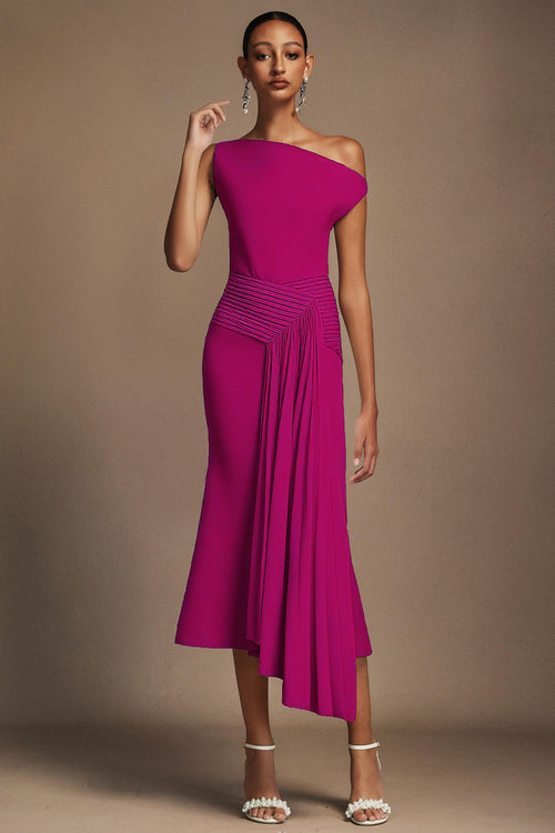 Bella Barnett Paulina Oblique Shoulder Sleeveless Folds Cocktail Party Midi Dress