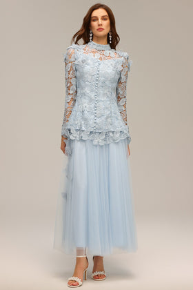 Bella Barnett Sabina Long Sleeve Folds Lace Butterfly Top And Skirt Formal Evening Two-piece Set