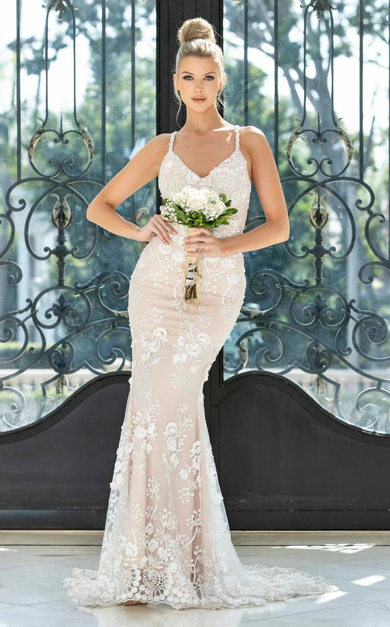 mesh dress mermaid beaded V-Neck Spaghetti Strap Embroidery Appliques Gown JA10002 by Jessica Angel Silver