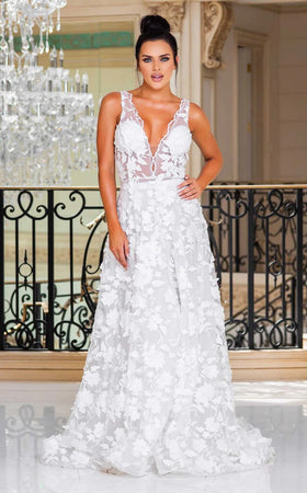 Jessica Angel JA10003 Sleeveless A-Line V-Back Court Train 3D Floral White Lace Wedding Dress
