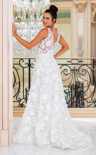 Jessica Angel JA10003 Sleeveless A-Line V-Back Court Train 3D Floral White Lace Wedding Dress