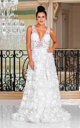 Jessica Angel JA10004 Sleeveless A-Line V-Back Court Train 3D Floral Lace Wedding Dress
