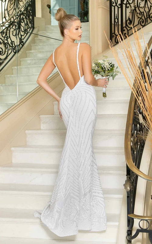 Jessica Angel JA10009 V-Neck Spaghetti Strap Fitted Open Back Beaded Mesh Wedding Dress
