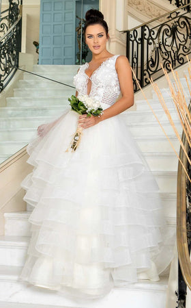 Jessica Angel JA10012 Illusion Sleeveless V-Back Tulle 3D Lace Wedding Ball Gown