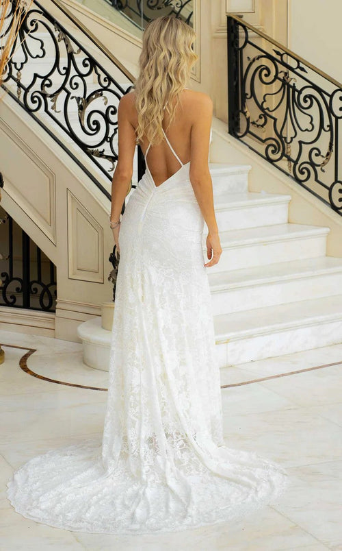 Jessica Angel JA10017 V-Neck Spaghetti Strap Fitted Open Back Ruched Lace Wedding Dress