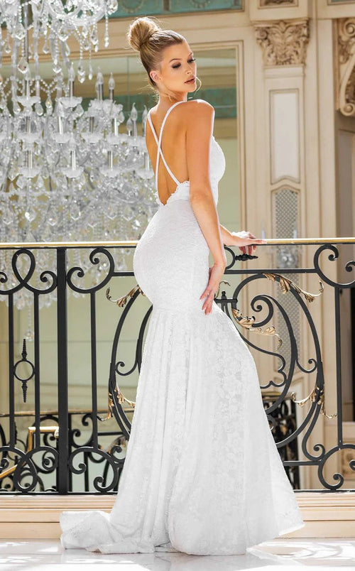Jessica Angel JA10019 V-Neck Spaghetti Strap Mermaid Open Back Train Lace Wedding Dress