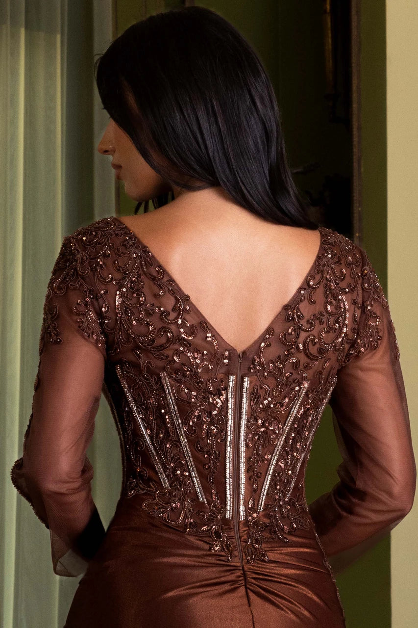 Long Sleeve Corset Mermaid Evening Gown with Slit Beaded Sequin Formal Dress by Lenovia 8431