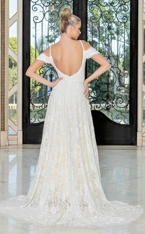 Jessica Angel JA10034 Off-Shoulder V-Neck A-Line Court Train Slit Lace Wedding Dress