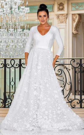 Jessica Angel JA10036 V-Neck A-Line Court Train 3D Floral Wedding Dress