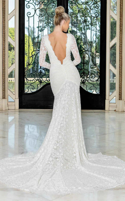 Jessica Angel JA10037 Illusion Long Sleeve Trumpet V-Back Ruched Lace Wedding Dress