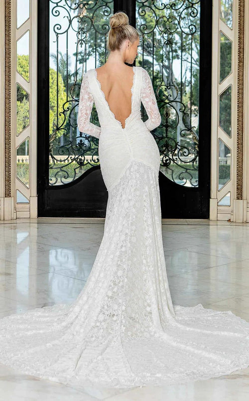 Jessica Angel JA10037 Illusion Long Sleeve Trumpet V-Back Ruched Lace Wedding Dress