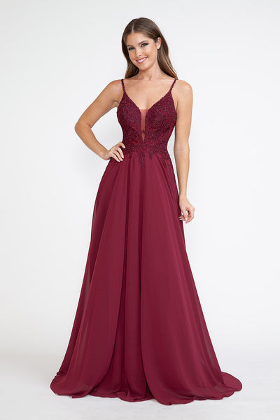 Embroidered A-Line Gown with Sheer V-Neck and Beaded Bodice Sleeveless Formal Prom Dress By Lenovia 8185