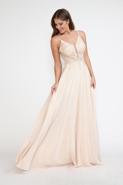 Embroidered A-Line Gown with Sheer V-Neck and Beaded Bodice Sleeveless Formal Prom Dress By Lenovia 8185