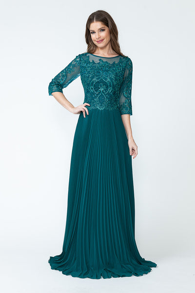 A-Line Gown with Beaded Lace Bodice and Pleated Skirt By Lenovia 8145