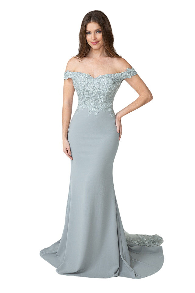Off-Shoulder Lace Embroidered Mermaid Gown with Sheer Train By Lenovia 8134