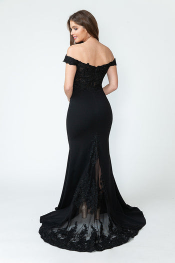 Off-Shoulder Lace Embroidered Mermaid Gown with Sheer Train By Lenovia 8134