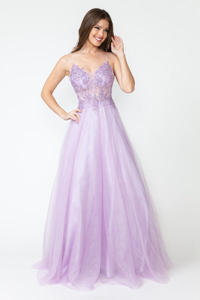 Glitter Tulle A-Line Gown with Floral Lace Appliqué Bodice and Double Spaghetti Straps Prom Dress By Lenovia 8182