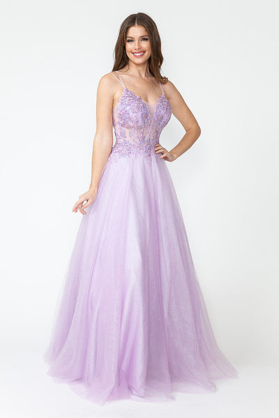 Glitter Tulle A-Line Gown with Floral Lace Appliqué Bodice and Double Spaghetti Straps Prom Dress By Lenovia 8182