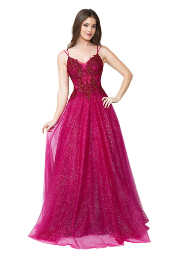 Glitter Tulle A-Line Gown with Floral Lace Appliqué Bodice and Double Spaghetti Straps Prom Dress By Lenovia 8182