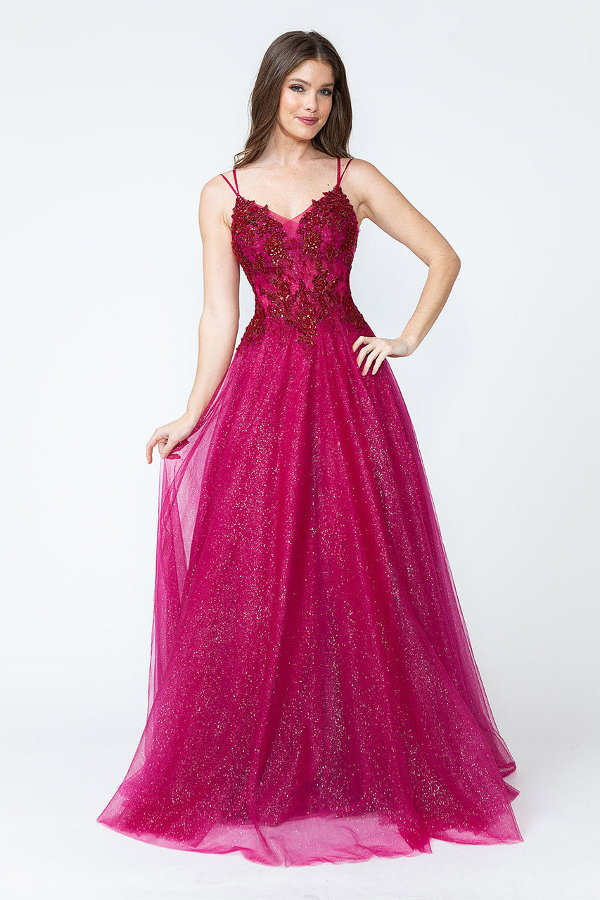 glitter mesh overlay dress Tulle A-Line Prom By Lenovia 8182 color_Purple