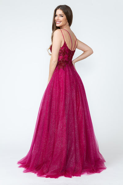 Glitter Tulle A-Line Gown with Floral Lace Appliqué Bodice and Double Spaghetti Straps Prom Dress By Lenovia 8182