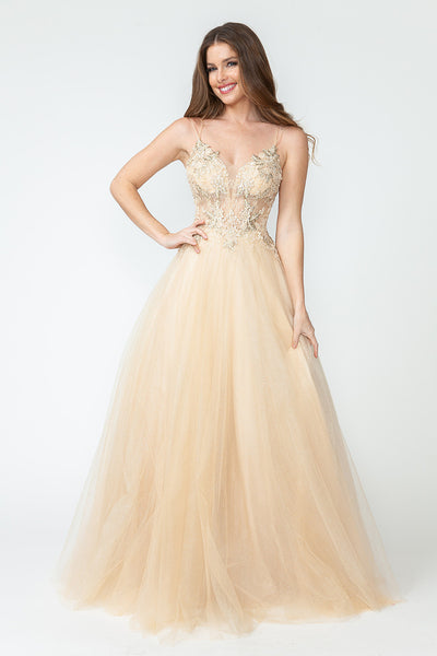 Glitter Tulle A-Line Gown with Floral Lace Appliqué Bodice and Double Spaghetti Straps Prom Dress By Lenovia 8182