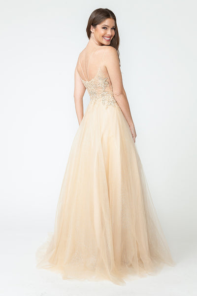 Glitter Tulle A-Line Gown with Floral Lace Appliqué Bodice and Double Spaghetti Straps Prom Dress By Lenovia 8182