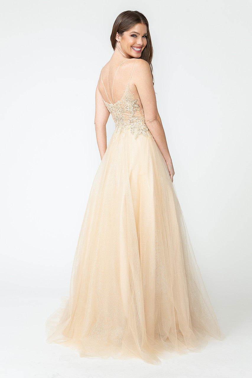 Glitter Tulle A-Line Gown with Floral Lace Appliqué Bodice and Double Spaghetti Straps Prom Dress By Lenovia 8182
