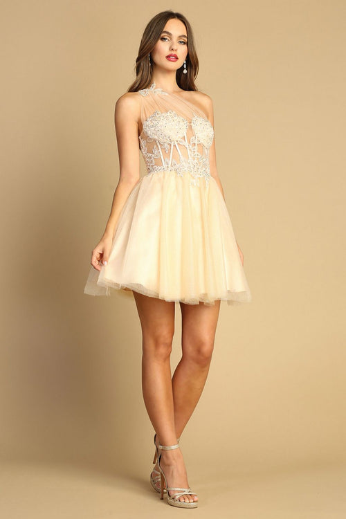 Cocktail DressesShort Homecoming A Line Applique Corset Prom Dress Champagne