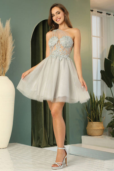 Cocktail DressesShort Homecoming A Line Applique Corset Prom Dress Silver