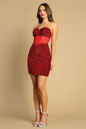 Adora Design 1049 Strapless Short Sequin Fitted Cocktail Dress