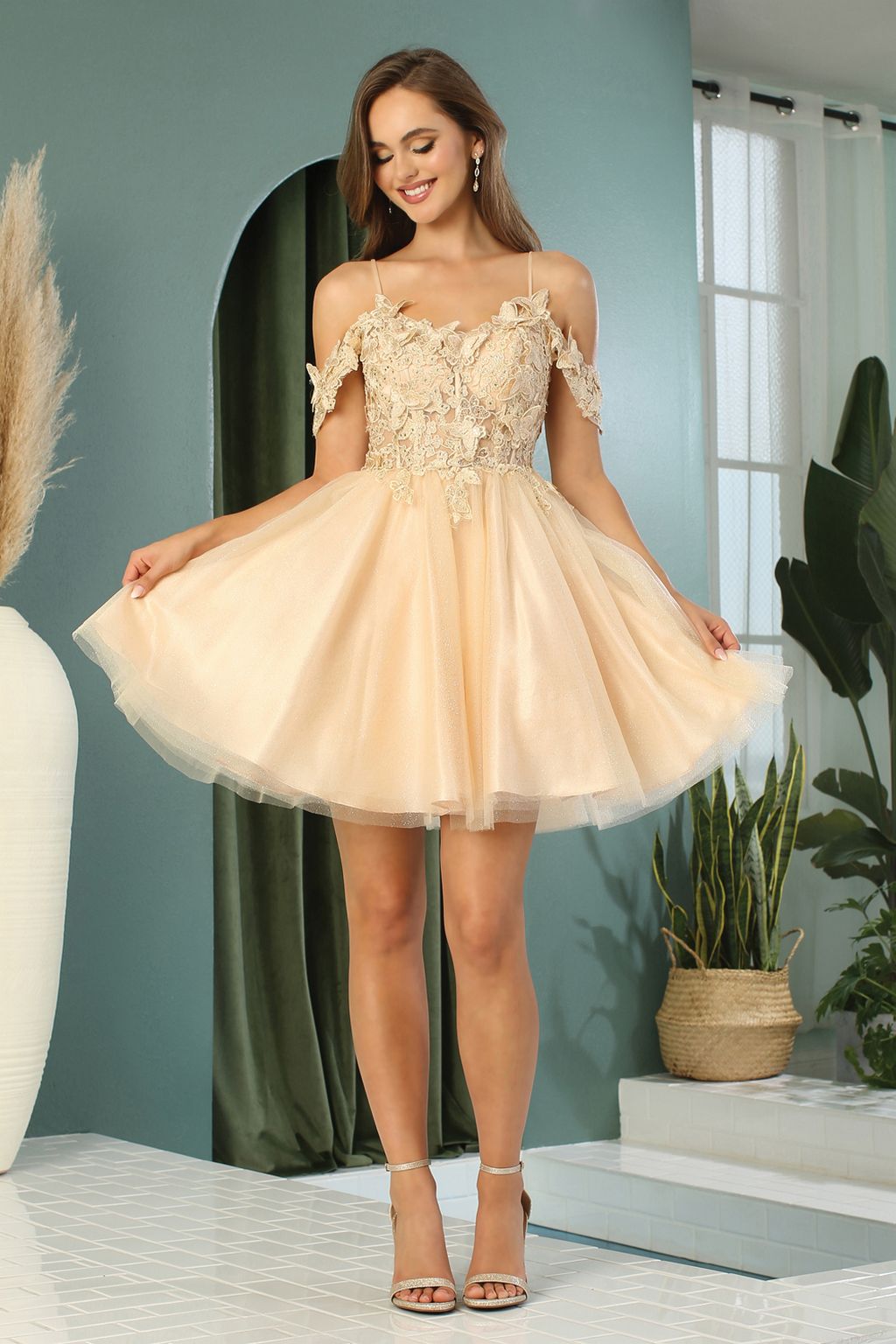 Adora Design 1052 Off Shoulder Glitter Applique A Line Mini Dress Adora Design 1052 Off Shoulder Glitter Applique A Line Mini Dress
