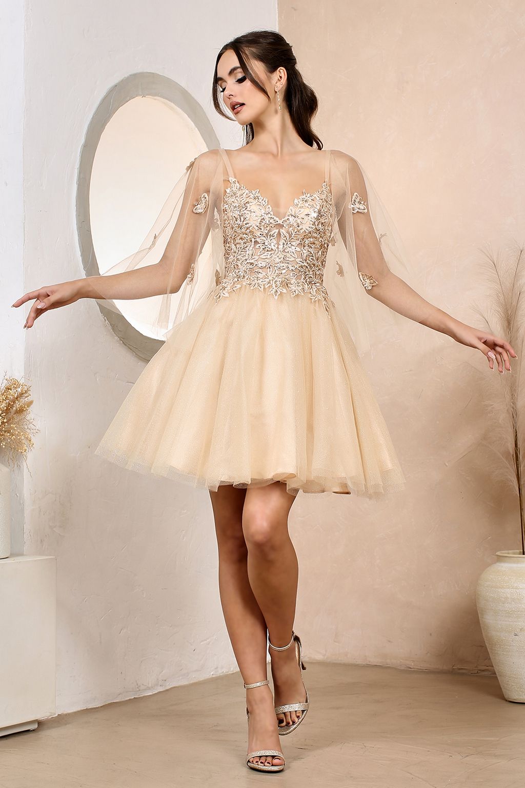 Cocktail Dresses A Line Prom Short Applique Homecoming Cape Dress Champagne