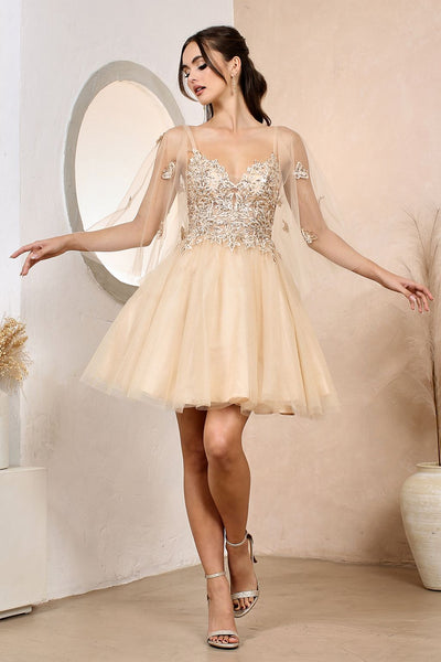 Cocktail Dresses A Line Prom Short Applique Homecoming Cape Dress Champagne