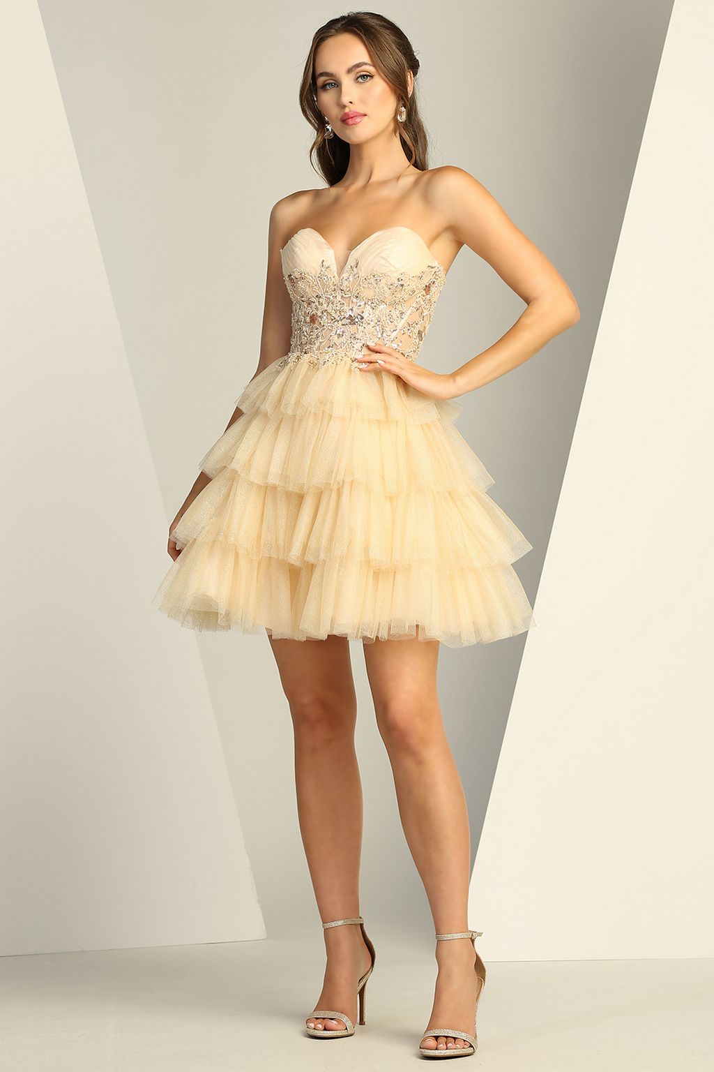 shimmer homecoming dress Adora Design 1062 Strapless Short Glitter Tulle Band Collar Halter Open Prom Dresses Designer summer-essential Size:W42/32