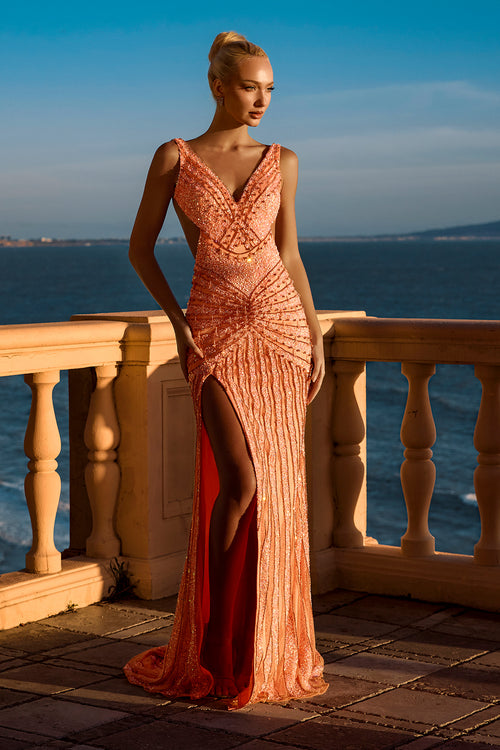 Sleeveless V-Neck Stripe Beaded Side Cutout Open Back Fitted Dress by Portia & Scarlett PS25453C