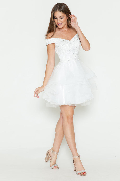 Vestido de fiesta corto de tul bordado con hombros descubiertos y espalda de corsé de Lenovia 8130