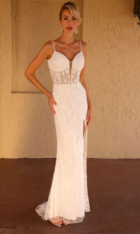 Primavera Couture 11209 - V-Neck Lace-Up Back Corset Bodice Slit Wedding Dress