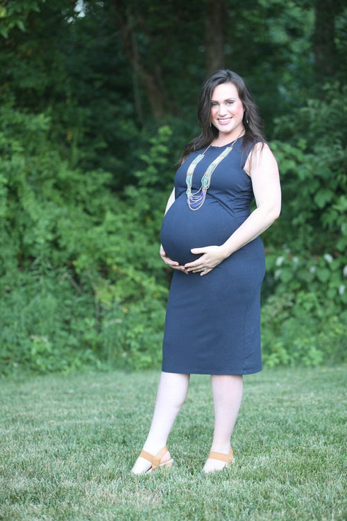 Sleeveless Navy Knee Length Maternity Little Breastfeeding Dress with Panel