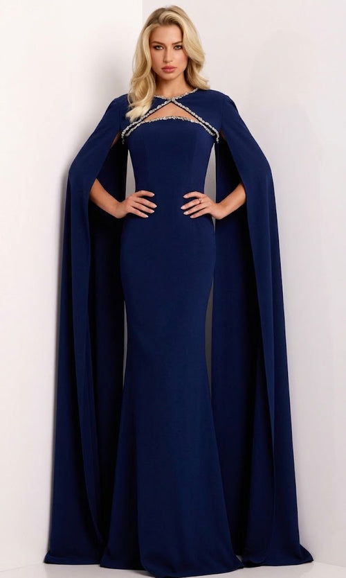 Jovani 44184 - Elegant Strapless Beaded Evening Gown with Cape
