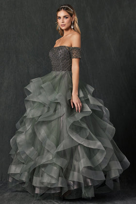 Juliet 395 Ruffled Off Shoulder Ball Gown with Fitted Silhouette and Off-the-Shoulder Neckline